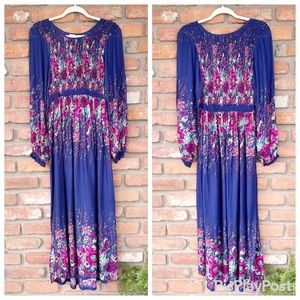 Blue Floral Maxi Dress 100% Rayon Smocked Bodice